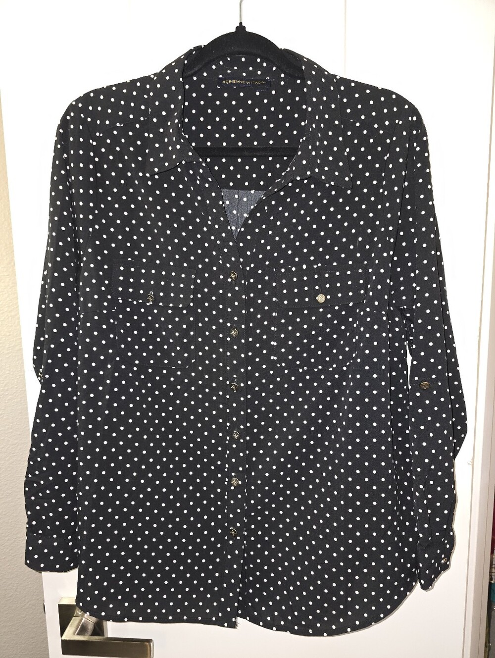 NWOT Adrienne Vittadini Black White Polka Dot Button Down Blouse Size L